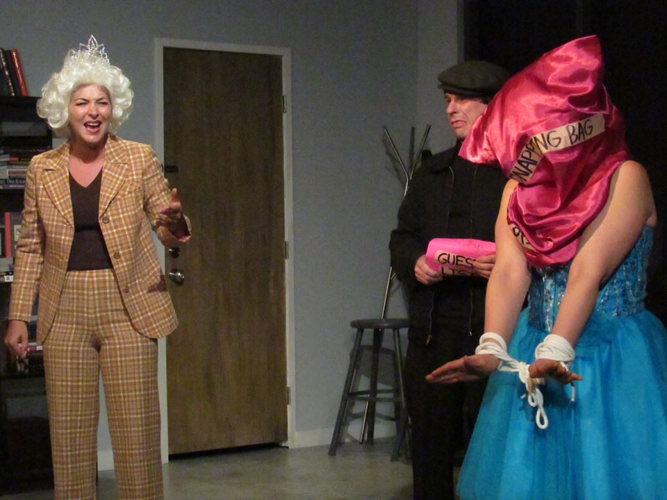 Mrs. Skippergosh gloats at her captured pageant queen. (L-R: Jaime Andrews, Arthur Africano & Shannon Nelson)